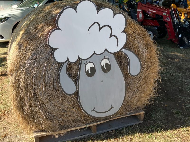 A bale of hay with the image of a sheep on the front. 